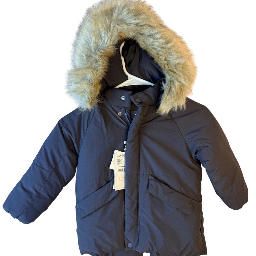 Zara Kids Black Water Repellent Faux Fur Hood Parka Coat 18-24M NEW